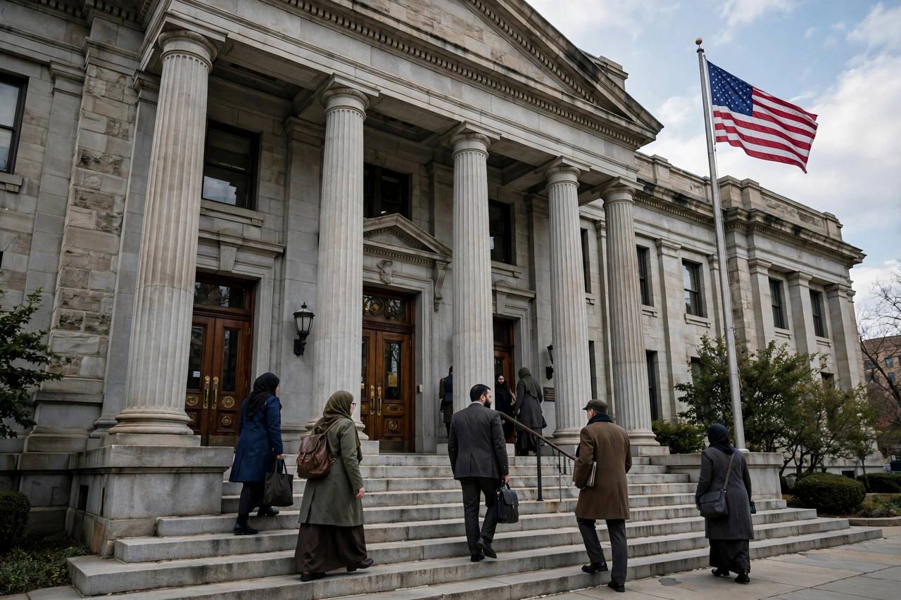 Courthouse columns and entrance with American flag, symbolizing the criminal justice system