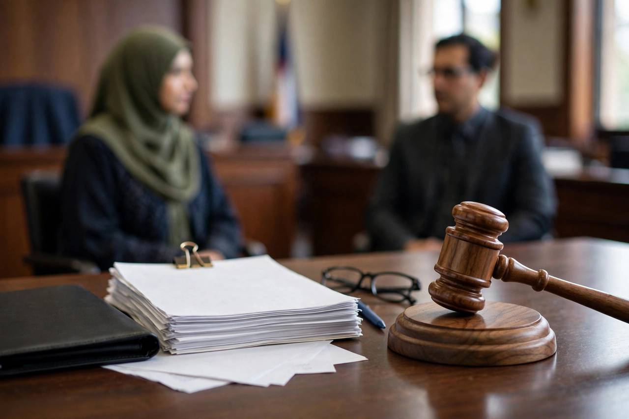 Judge's gavel resting on a sound block beside legal documents on a courtroom desk