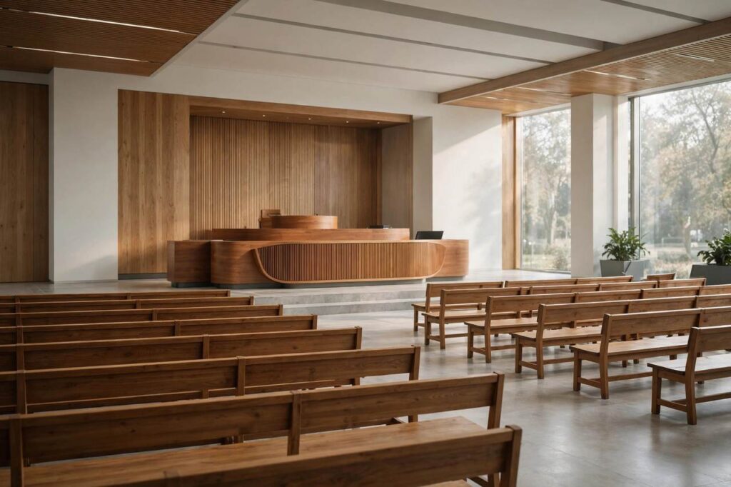 Modern courthouse interior with empty wooden benches and a judge's bench in soft light