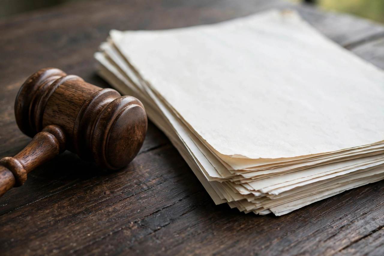 Close-up of a gavel resting beside legal documents on a dark wooden table