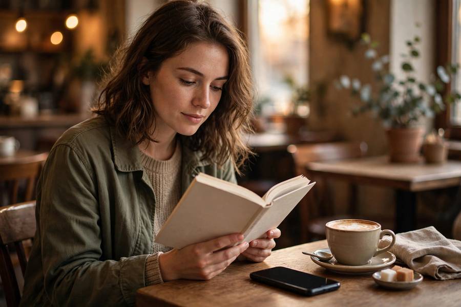 Person putting smartphone face-down on table while reading a book