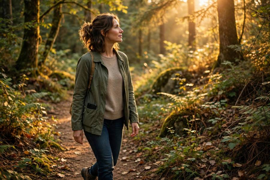 Person enjoying a walk in nature without looking at phone