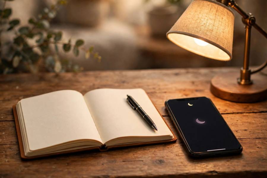 Cozy desk setup with notebook and phone in do-not-disturb mode
