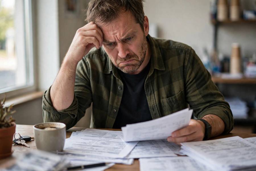 Frustrated franchise owner reviewing royalty fee statements