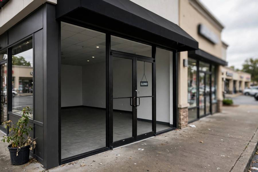 Empty franchise storefront with closed sign in a strip mall