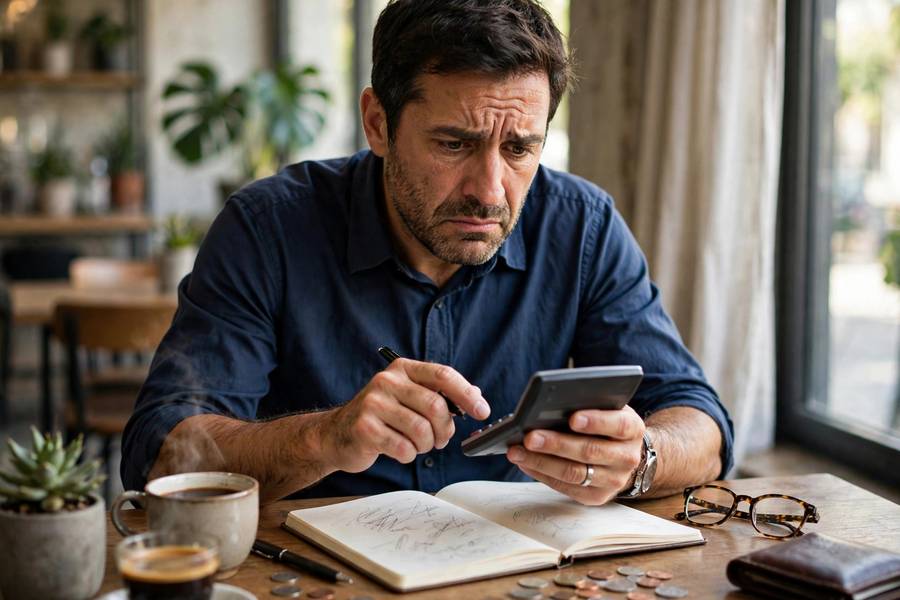 Business owner calculating franchise costs with a worried expression