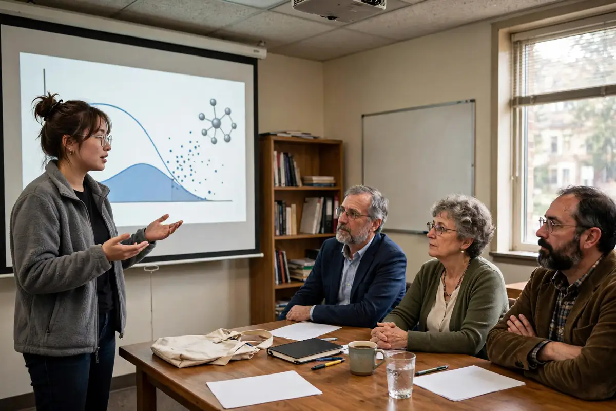 PhD candidate presenting research slides to a faculty committee during a dissertation defense
