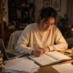 What Is a Doctoral Dissertation? A Complete Guide Graduate student writing notes at a desk stacked with books and research papers late at night