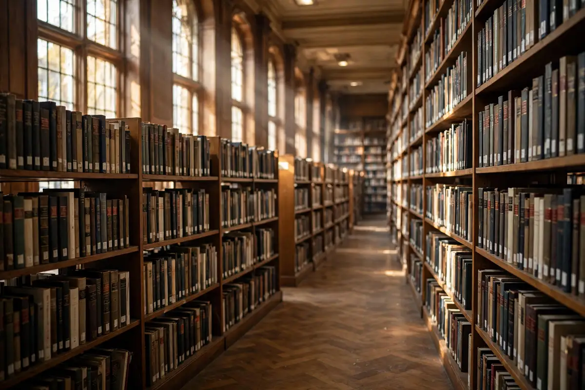 Tall bookshelves filled with academic books in a university library