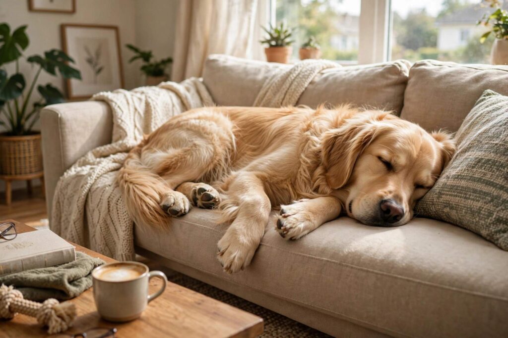 Dog sleeping peacefully on a couch with paws twitching