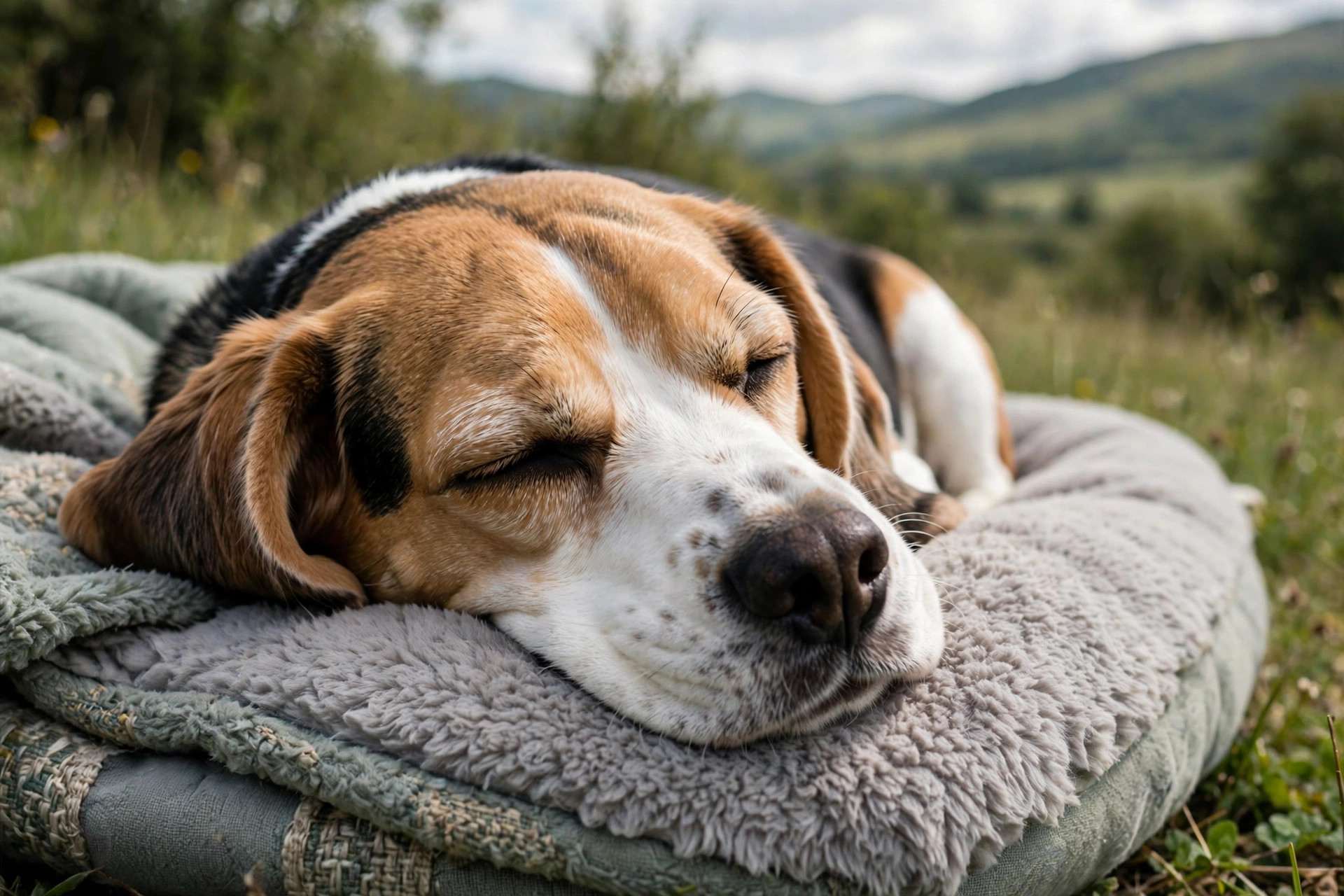 Close-up of a sleeping dog's face in deep sleep