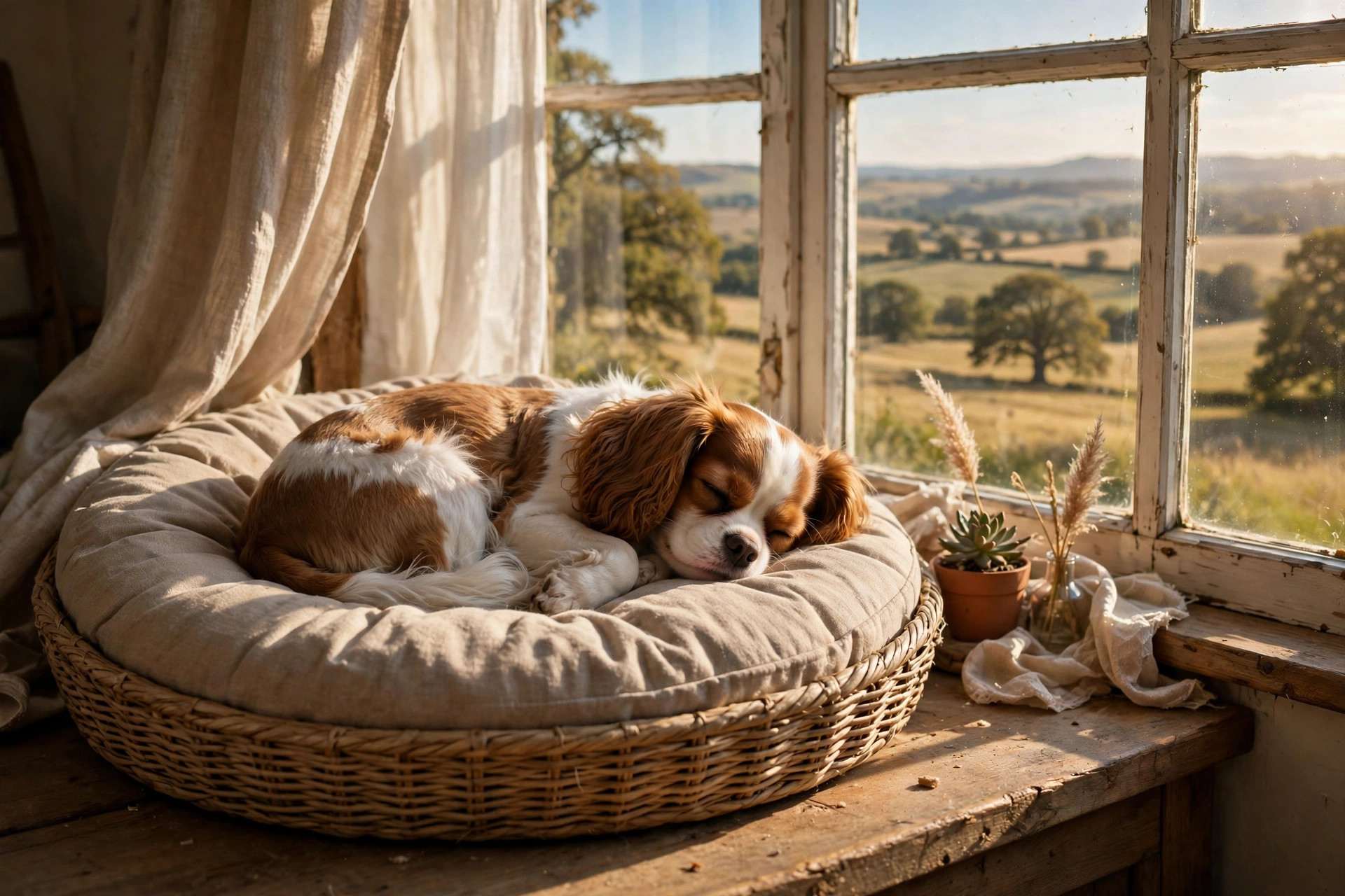 Dog curled up asleep in a sunny spot on a dog bed