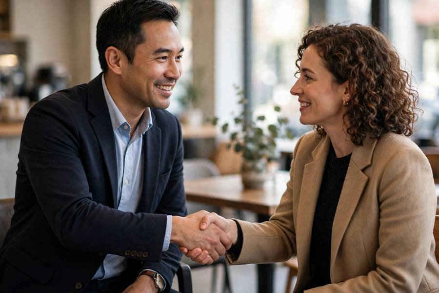 Confident seller shaking hands with buyer directly