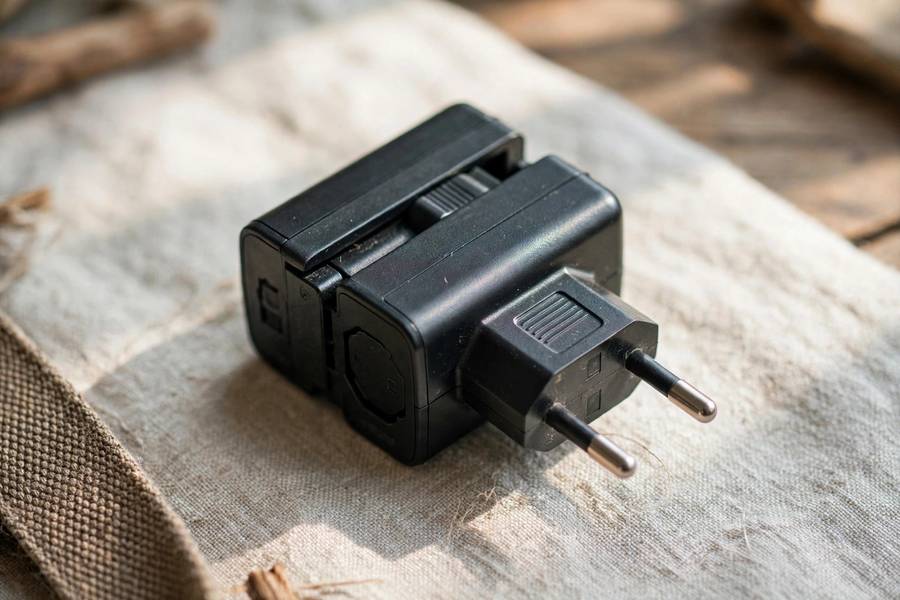 Universal travel adapter with European plugs close up