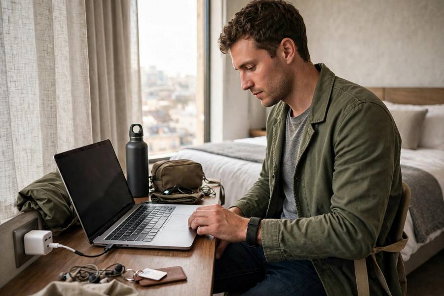 Traveler charging laptop with GaN charger in hotel