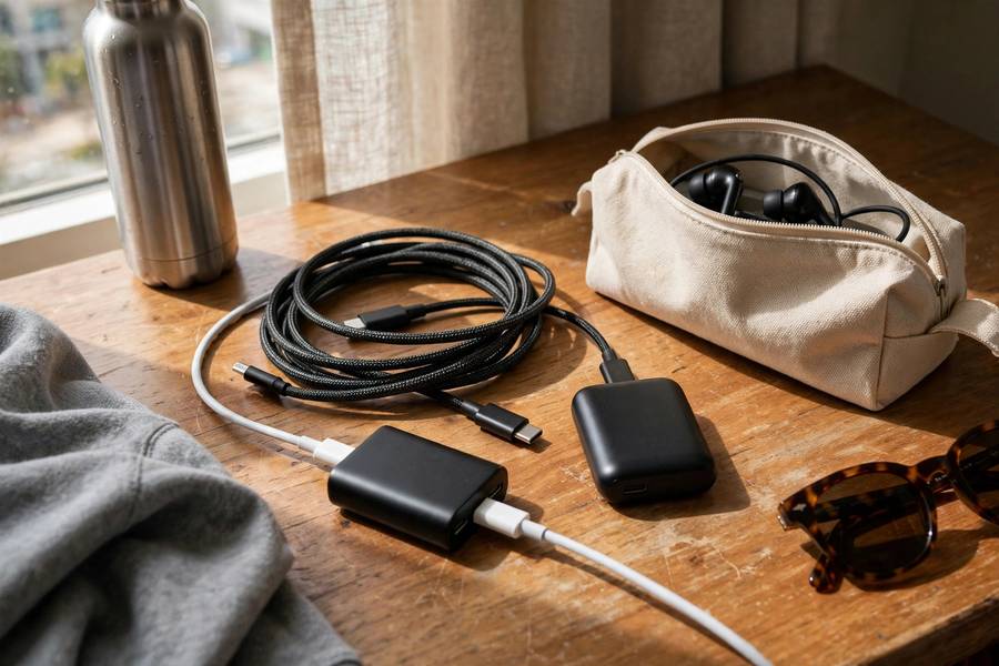 USB-C charging setup with cables on hotel desk