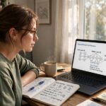 A learner studying math notes next to a laptop showing a neural network diagram