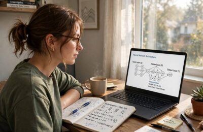A learner studying math notes next to a laptop showing a neural network diagram