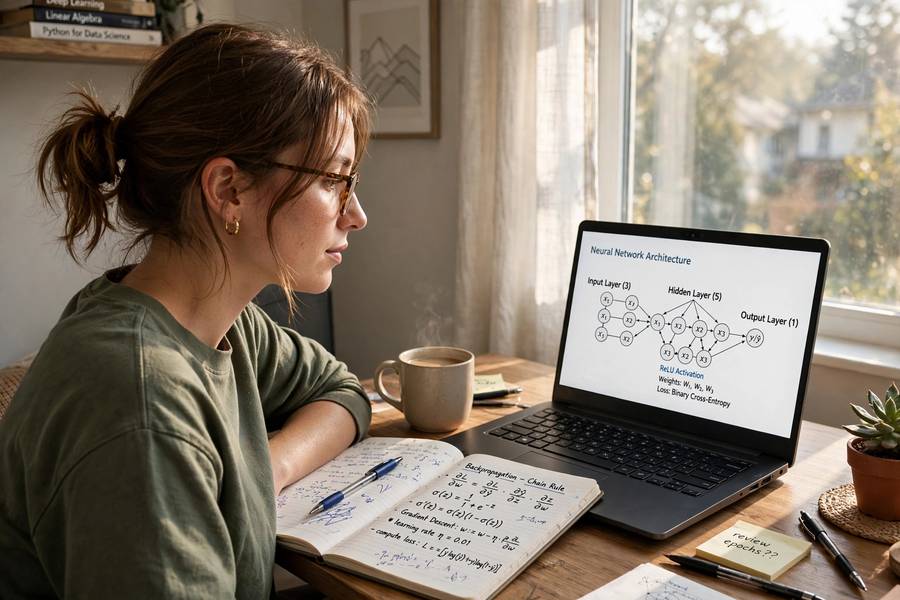 A learner studying math notes next to a laptop showing a neural network diagram