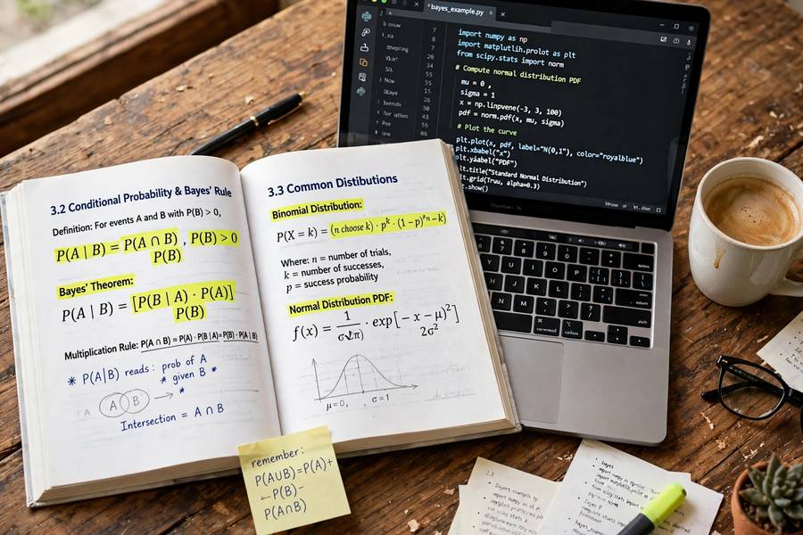 Statistics textbook and Python code side by side on a desk