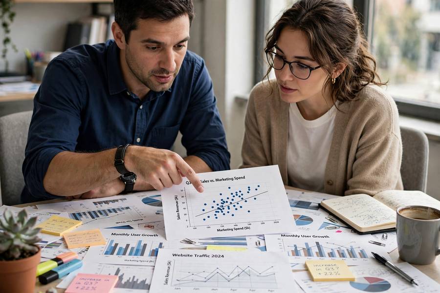 Two people discussing data charts and statistics at a desk