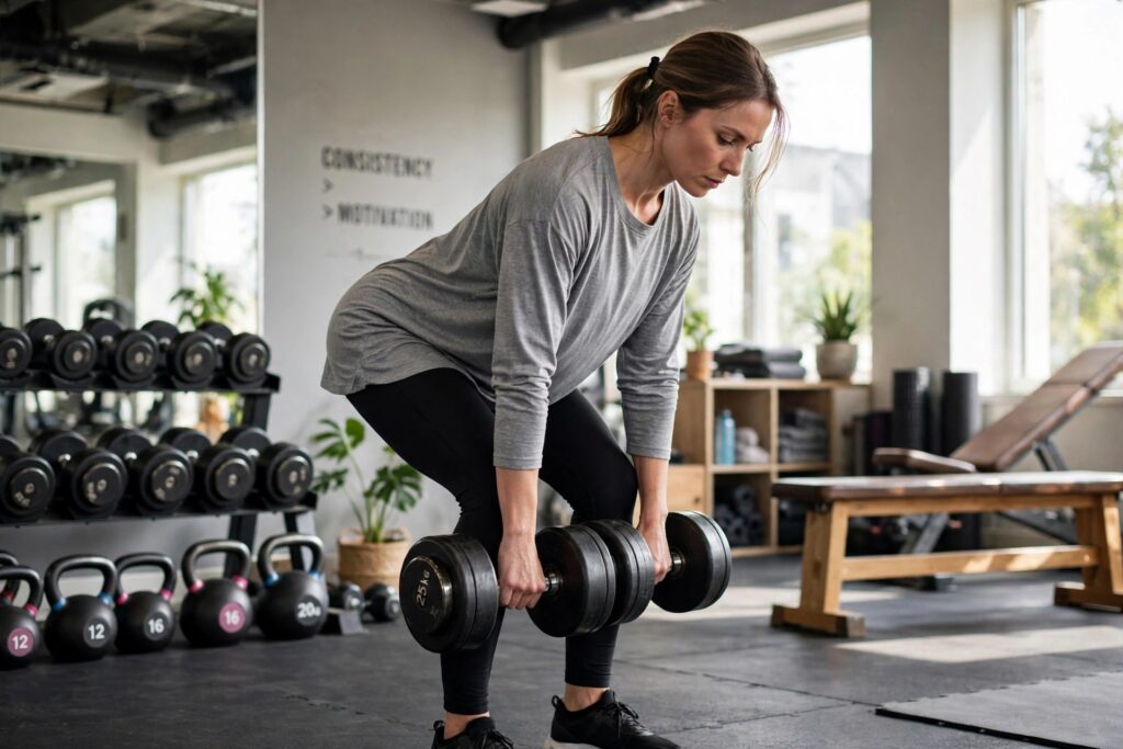 Runner performing heavy dumbbell Romanian deadlift in a gym