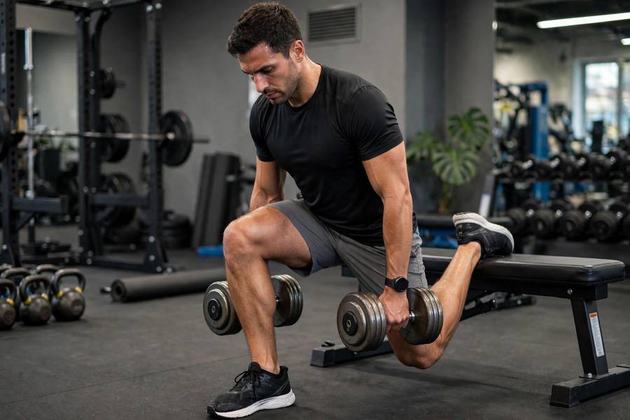 Athlete doing weighted Bulgarian split squat with dumbbells