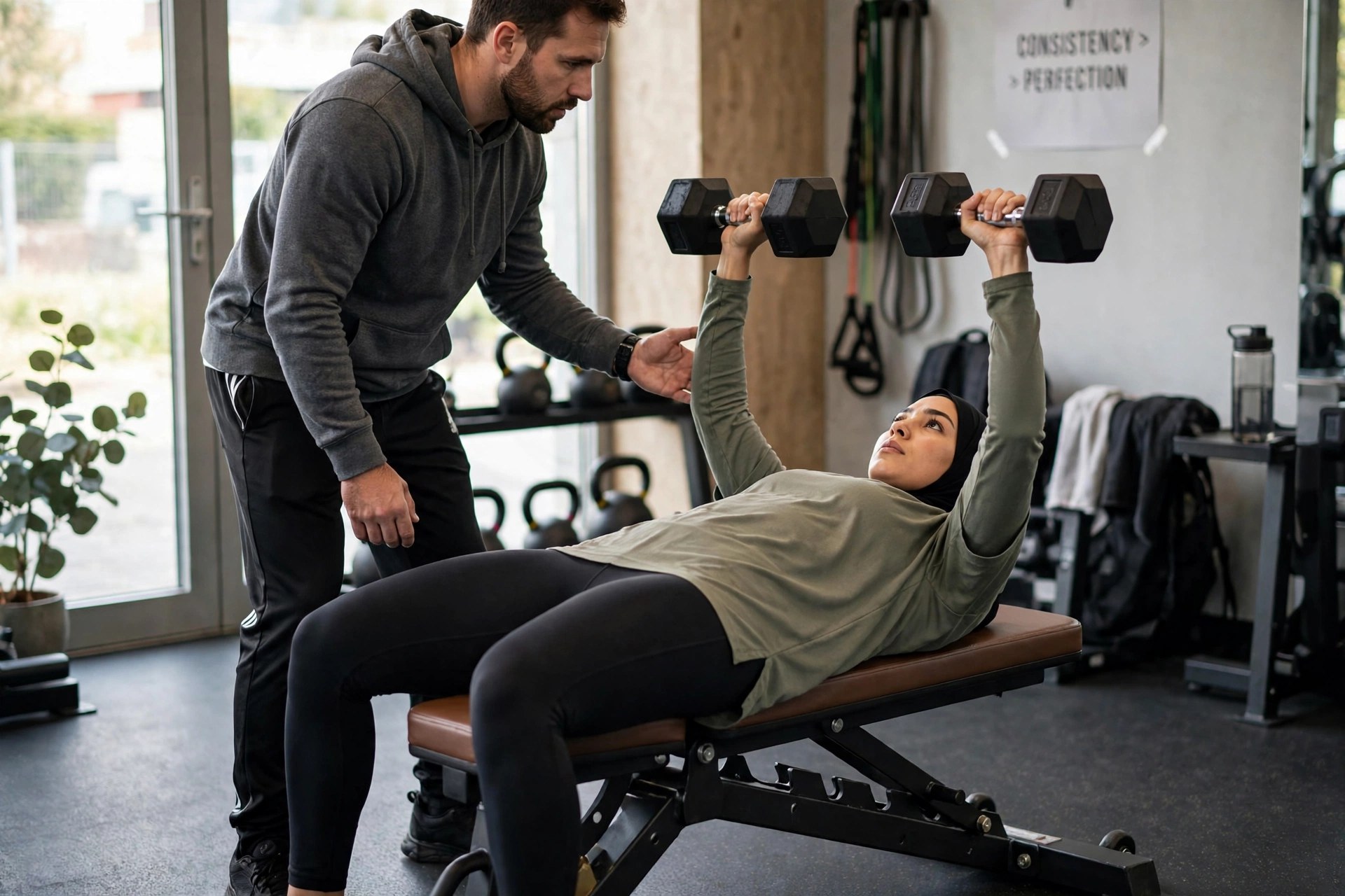 Coach spotting an athlete during a strength session
