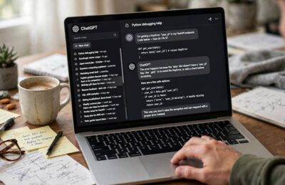 A long ChatGPT conversation visible in the chat sidebar