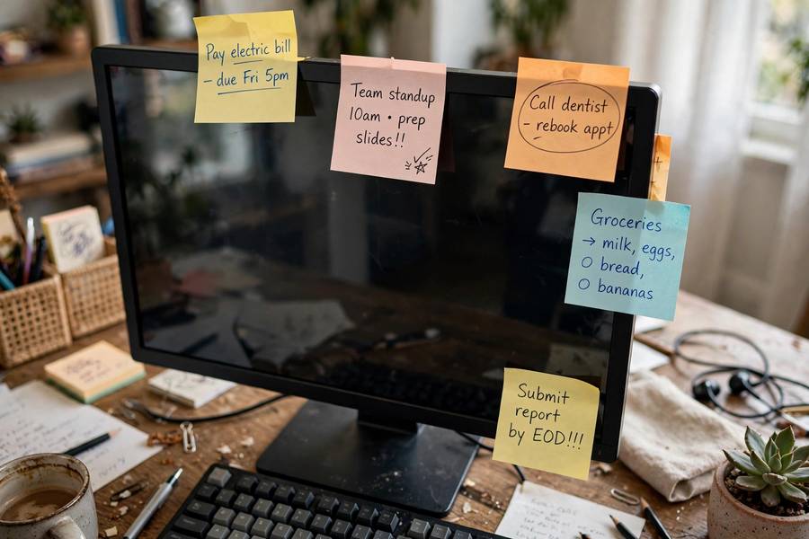 Sticky note reminders on a monitor, like AI memory