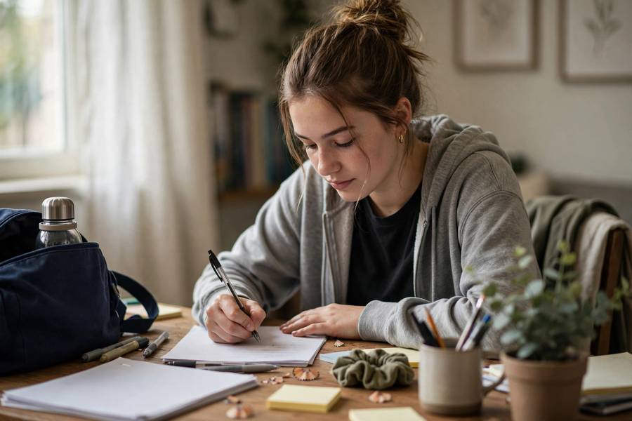 High school senior working on college applications at a desk