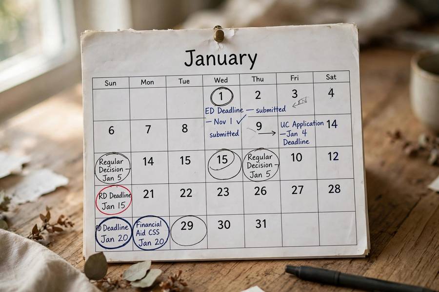 Calendar marked with college application deadlines
