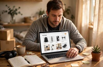 Entrepreneur managing a dropshipping business from a home office