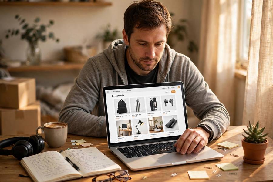 Entrepreneur managing a dropshipping business from a home office