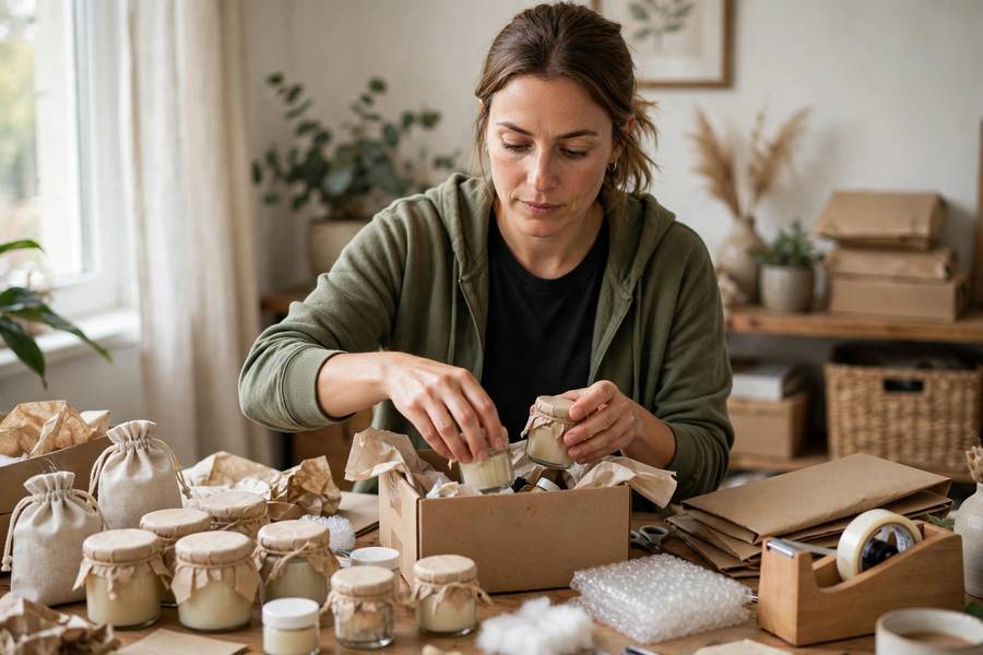Small business owner packing product samples in a home office