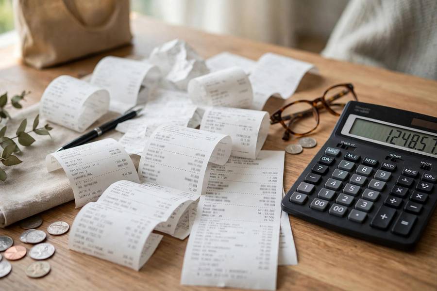 Calculator and receipts showing business expense breakdown