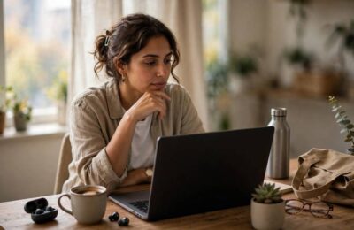 Entrepreneur comparing dropshipping and print on demand on a laptop