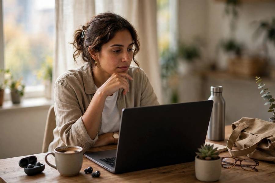 Entrepreneur comparing dropshipping and print on demand on a laptop