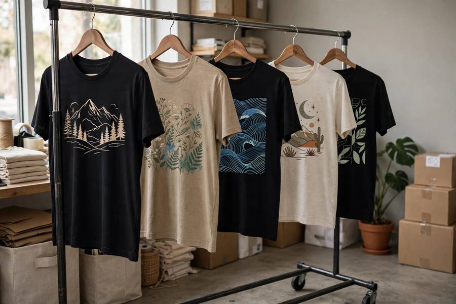 Print on demand t-shirts with custom designs on a clothing rack