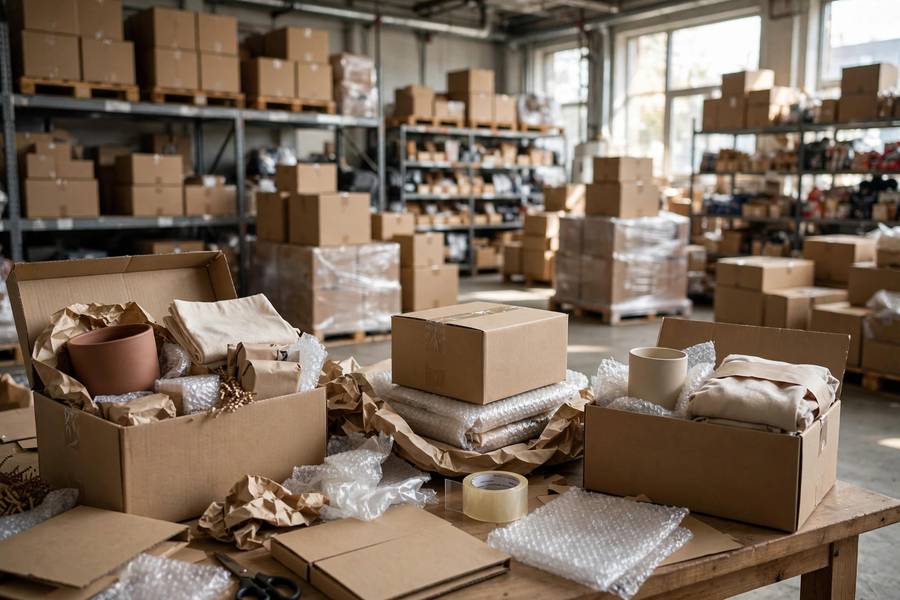 Dropshipping products in boxes ready for shipment in a warehouse