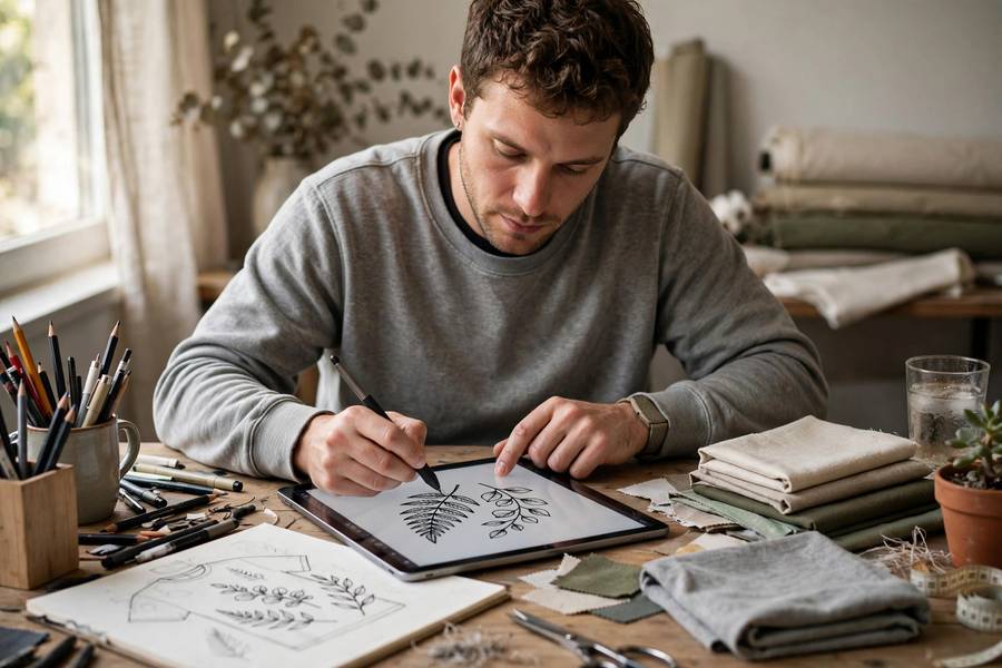 Designer creating t-shirt graphics on a computer tablet