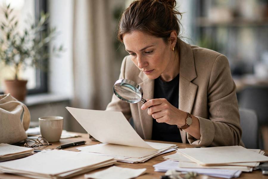 Business buyer reviewing due diligence documents with a magnifying glass