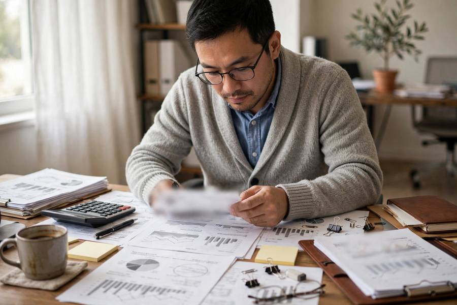Accountant analyzing financial statements and tax returns