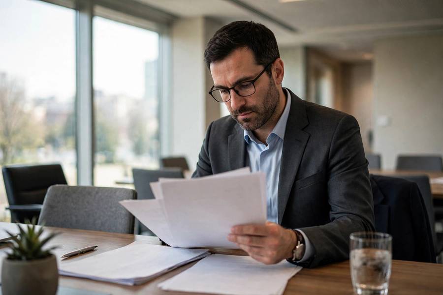 Lawyer reviewing contracts in a conference room