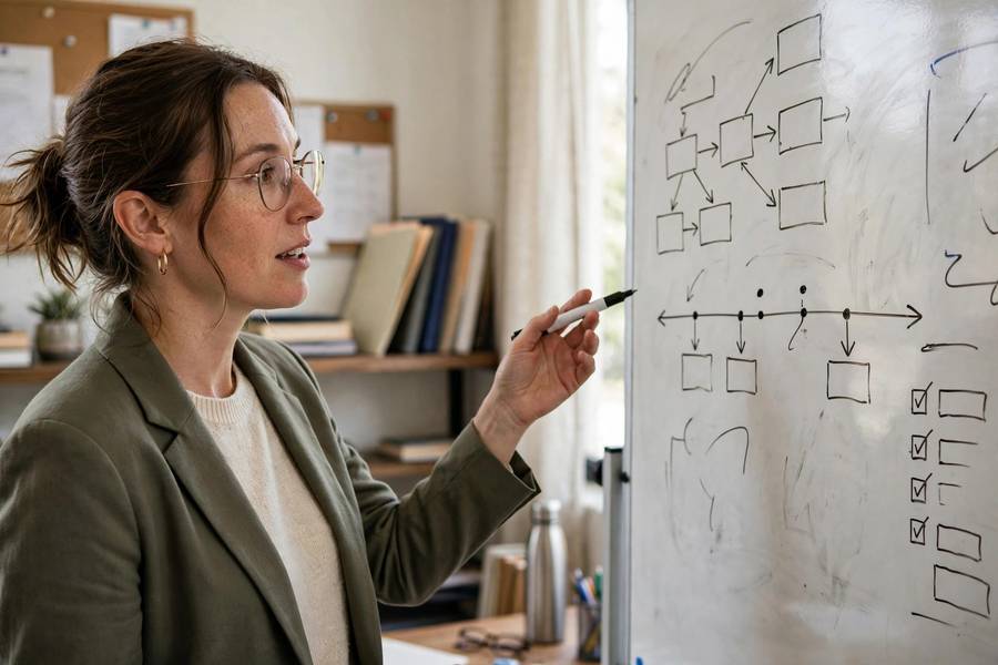 College counselor explaining application plans on a whiteboard
