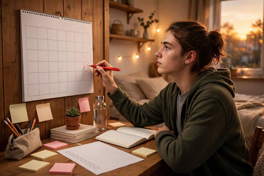 High school senior checking application deadlines on a calendar