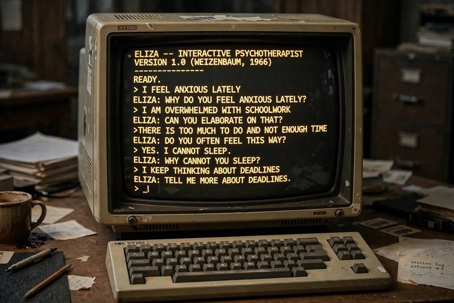 ELIZA chatbot conversation on vintage computer terminal