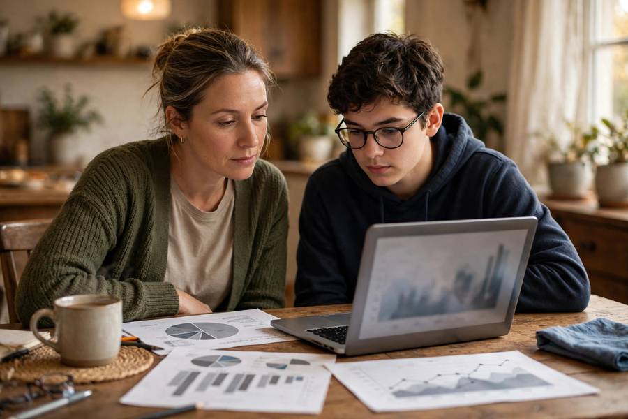 Parent and student reviewing college admissions statistics together