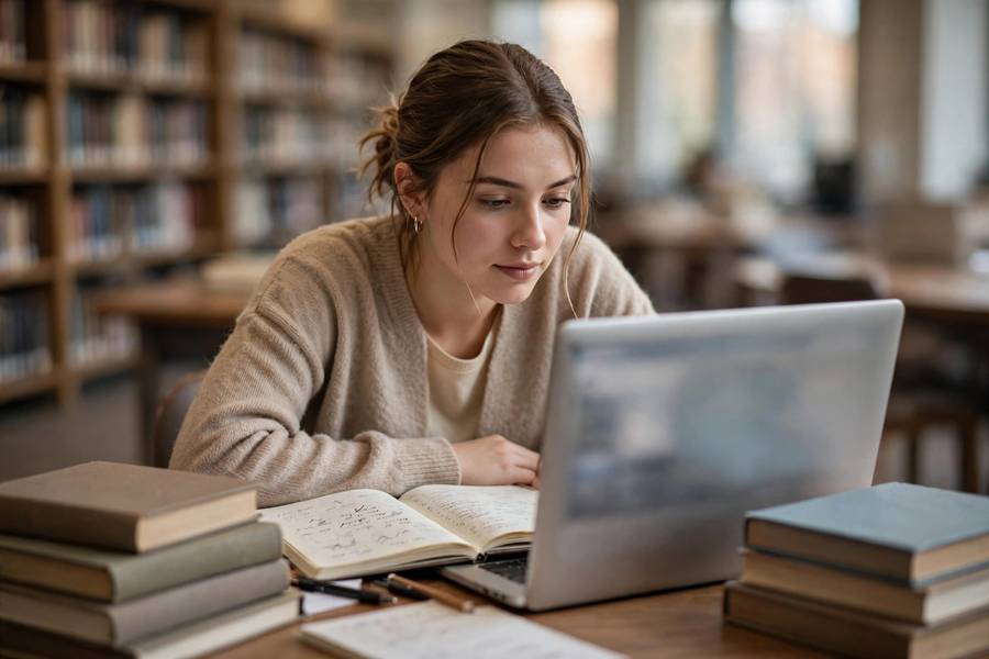 Student researching colleges on a laptop at a library