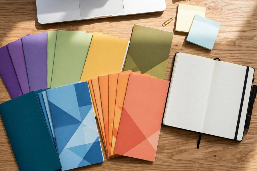 Stack of college brochures on a desk with a notebook